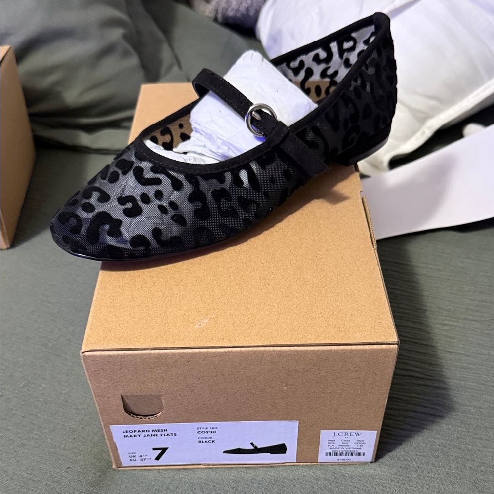 J. Crew Factory Black Leopard Mesh Mary Jane Flats with Silver Buckle Sz 6.5